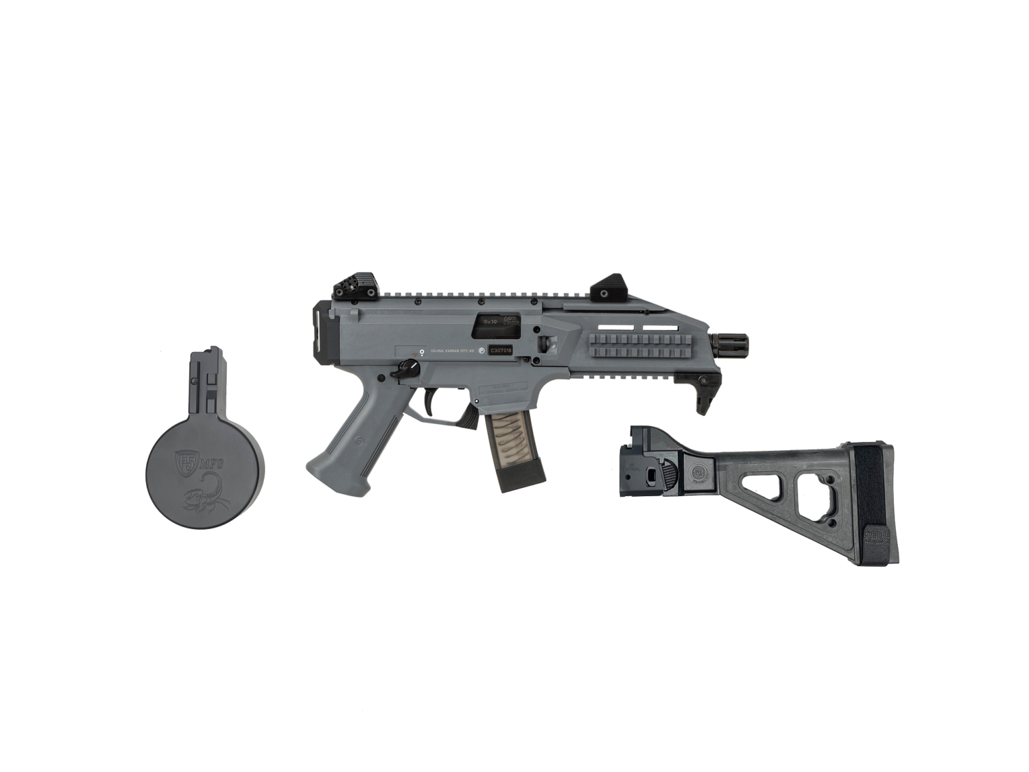 SALE: CZ SCORPION EVO 3 PISTOL W/F5 MFG DRUM & SB TACTICAL BRACE SYSTEM