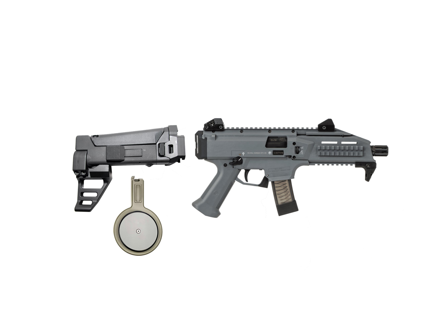 SALE: CZ SCORPION EVO 3 PISTOL W/F5 MFG DRUM & MBS CYBERARM OR MOD 1 BRACE SYSTEM (GREY)