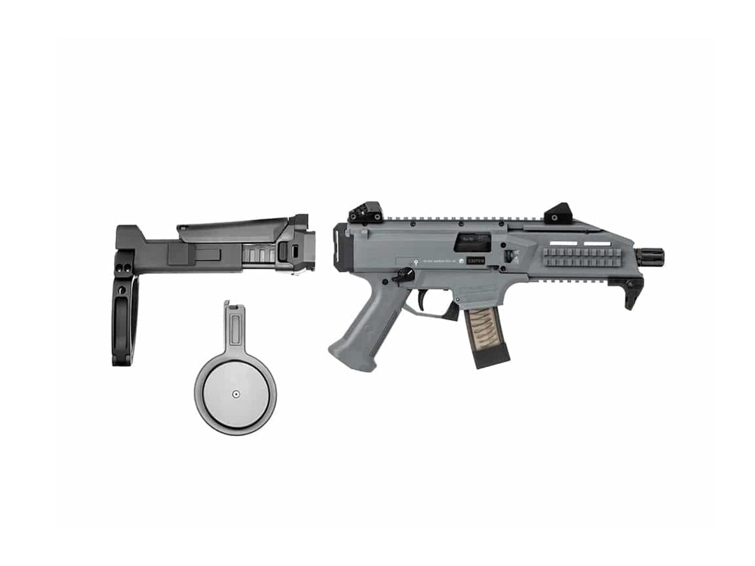 SALE: CZ SCORPION EVO 3 PISTOL W/F5 MFG DRUM & MBS CYBERARM OR MOD 1 BRACE SYSTEM (GREY)